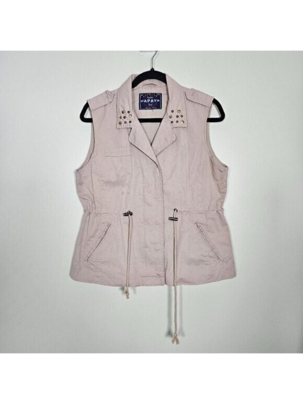 Papaya Vest Womens L Tan Full Zip Studs Pockets Drawstrings Cotton Boho Hippie